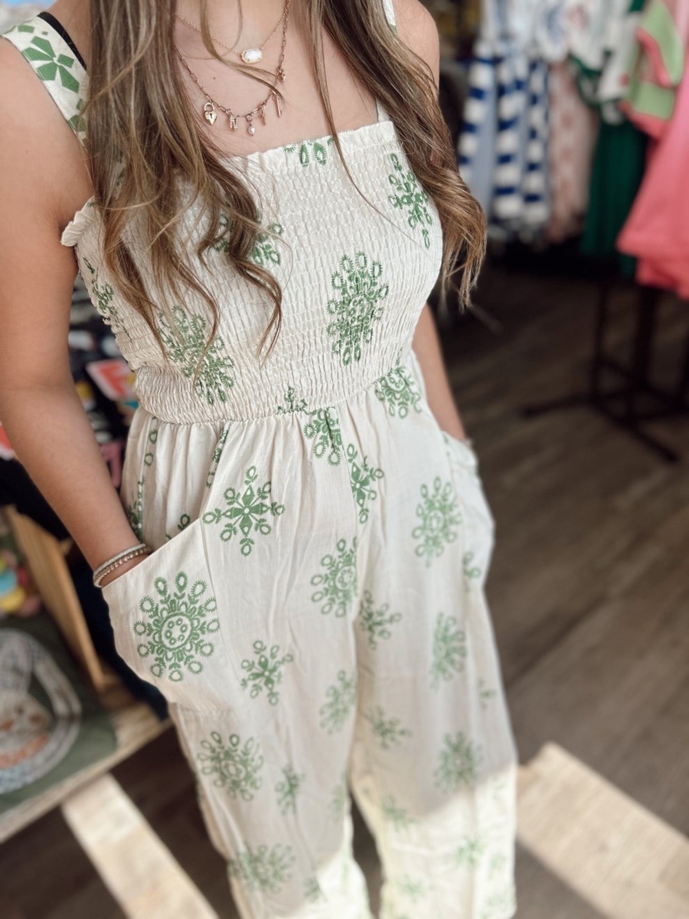Umgee Cream Jumpsuit with Green Floral Medallions